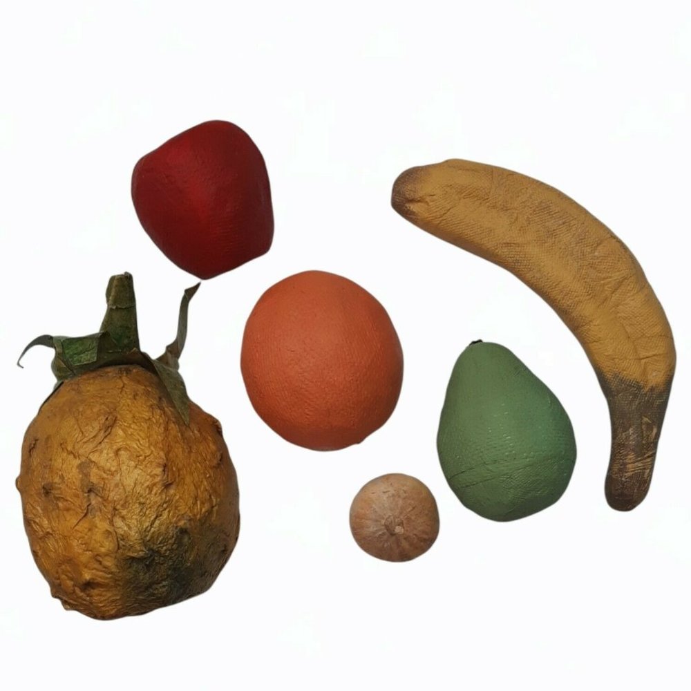 6 Display Fruit Matte Finish Pineapple Banana Pear Apple Orange Paper Mache VTG